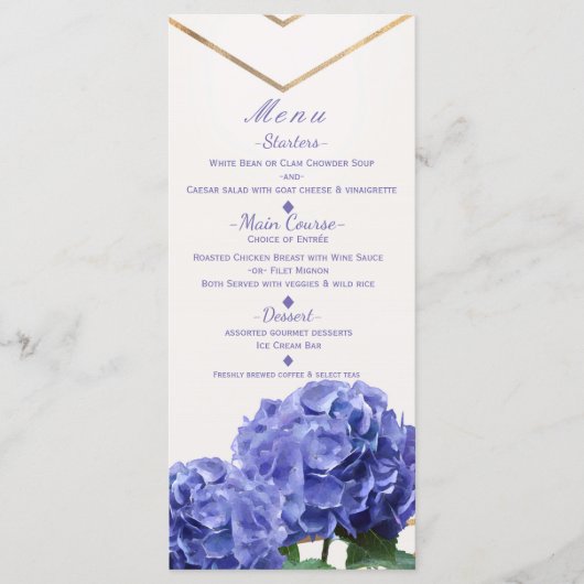 Hydrangea Flowers & Gold Elegant Wedding Menu Card (Voorkant)
