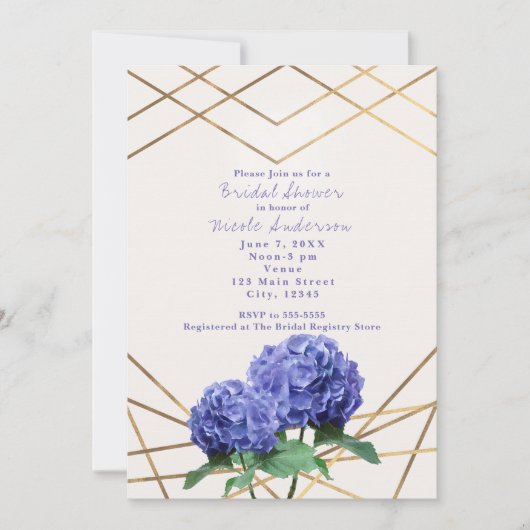 Hydrangea Flowers & Gold Lines Elegante Uitnodigin Kaart (Voorkant)