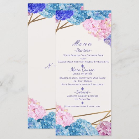 Hydrangea Flowers & Gold Spring Wedding Menu Card (Voorkant / Achterkant)