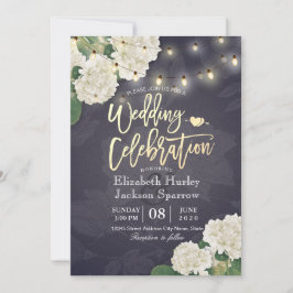Hydrangea Flowers String Lights Navy Blue Wedding Kaart