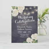 Hydrangea Flowers String Lights Navy Blue Wedding Kaart (Staand voorkant)