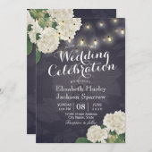 Hydrangea Flowers String Lights Navy Blue Wedding Kaart (Voorkant / Achterkant)