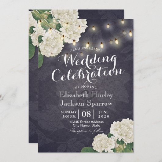 Hydrangea Flowers String Lights Navy Blue Wedding Kaart (Voorkant / Achterkant)