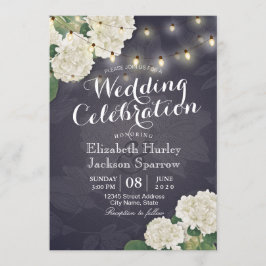Hydrangea Flowers String Lights Navy Blue Wedding Kaart