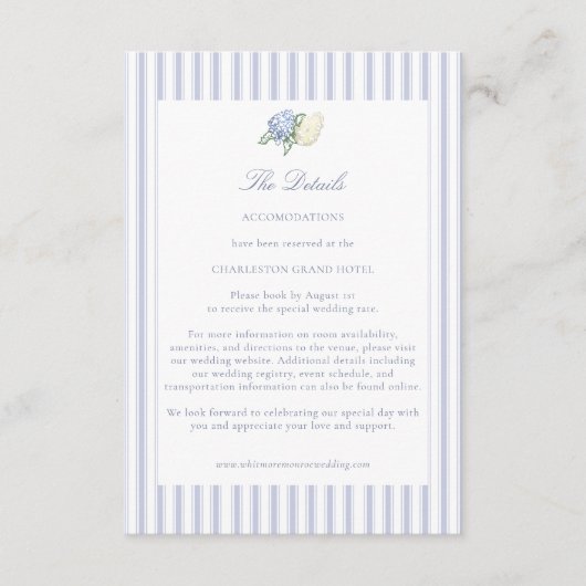 Hydrangea Formal Stripes Coastal Wedding Details Informatiekaartje (Voorkant)