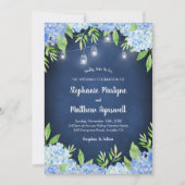 Hydrangea Greenery Navy Mason Jar Lights Wedding Kaart (Voorkant)