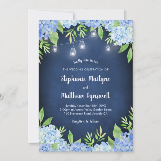 Hydrangea Greenery Navy Mason Jar Lights Wedding Kaart (Voorkant)