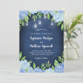 Hydrangea Greenery Navy Mason Jar Lights Wedding Kaart (Staand voorkant)