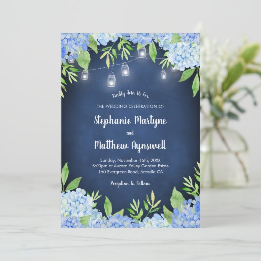 Hydrangea Greenery Navy Mason Jar Lights Wedding Kaart (Staand voorkant)