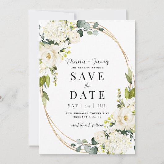 Hydrangea & Groen Bruiloft Save The Date (Voorkant)