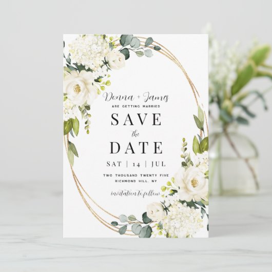 Hydrangea & Groen Bruiloft Save The Date (Staand voorkant)