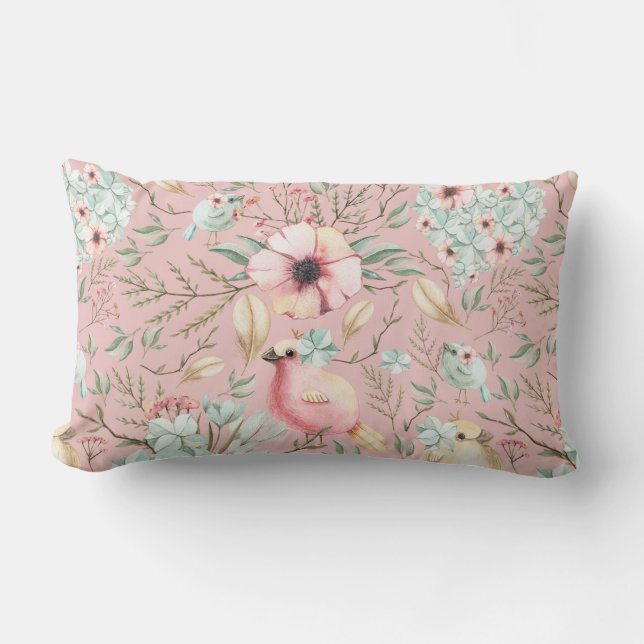 Hydrangea Hearts, Birdies Dusty Pink Lumbar Pillow Kussen (Voorkant)