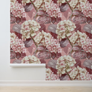 Hydrangea hortensia roze crème bloesemblaadjes behang