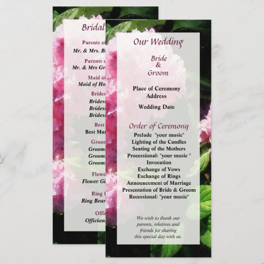 Hydrangea in het Sunshine Wedding Programme Programmakaart (Voorkant / Achterkant)