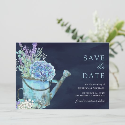 Hydrangea Lavendel Bloemen Marine Blauw Huwelijk Save The Date (Staand voorkant)