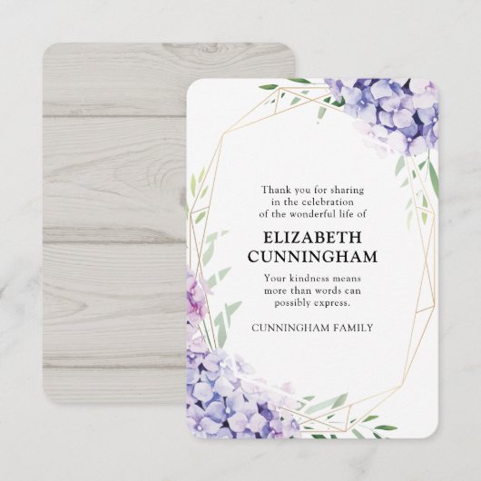 Hydrangea Lila Floral Geometric Memorial Bedankkaart (Voorkant / Achterkant)