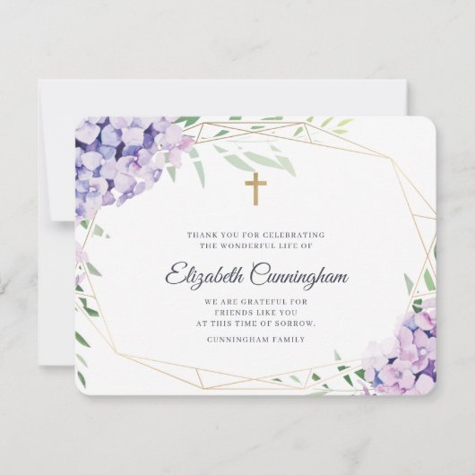 Hydrangea Lila Floral Geometric Memorial Bedankkaart (Voorkant)