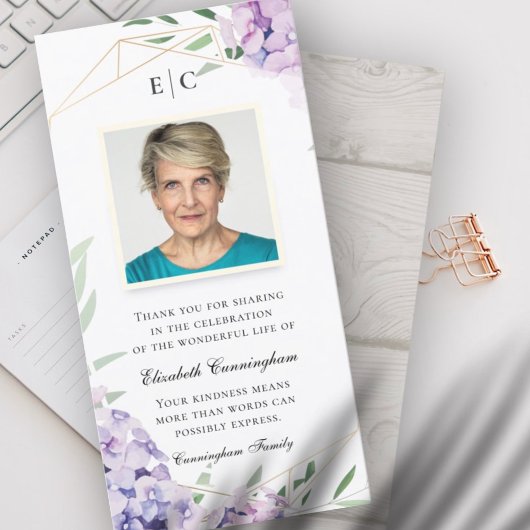 Hydrangea Lila Floral Geometric Memorial Bedankkaart