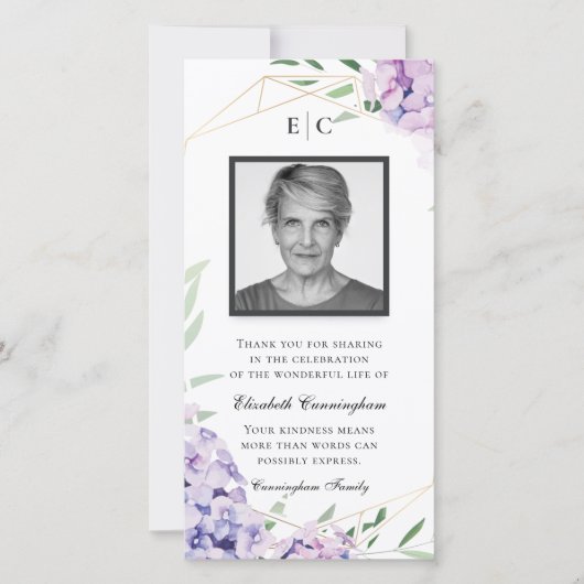 Hydrangea Lila Floral Geometric Memorial Bedankkaart (Voorkant)