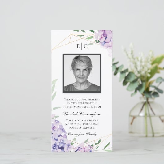 Hydrangea Lila Floral Geometric Memorial Bedankkaart (Staand voorkant)