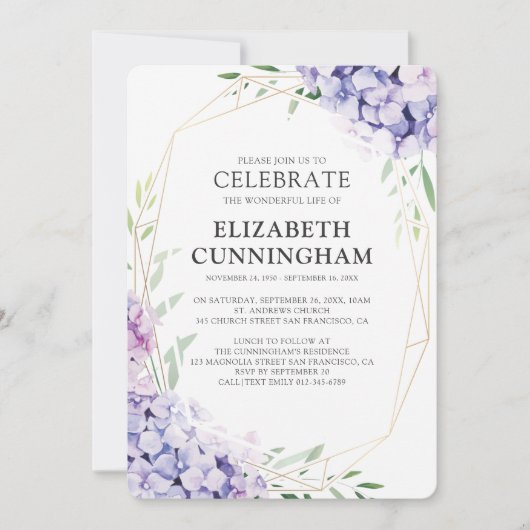 Hydrangea Lila Floral Geometric Memorial Kaart (Voorkant)