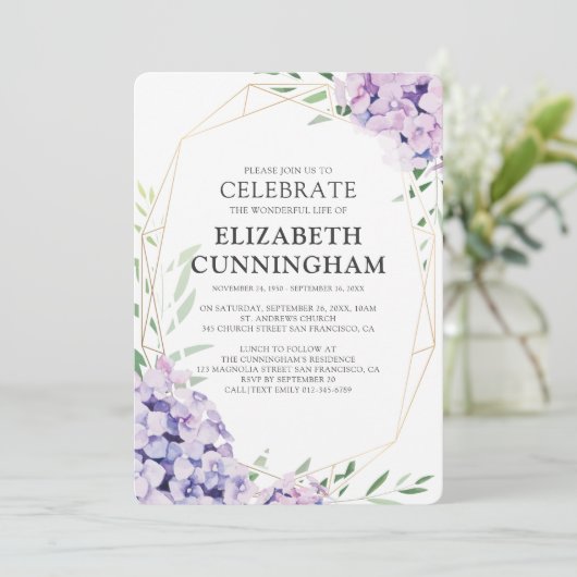 Hydrangea Lila Floral Geometric Memorial Kaart (Staand voorkant)