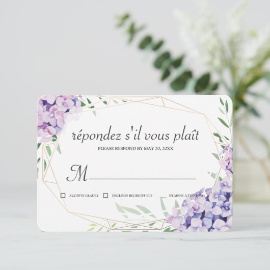 Hydrangea Lila Floral Geometric Memorial RSVP Kaartje (Staand voorkant)