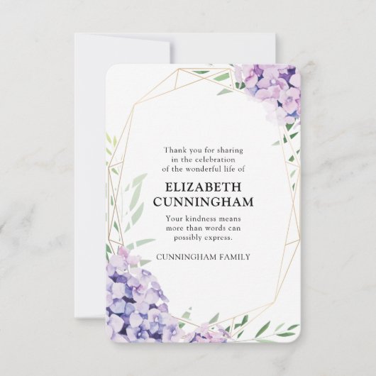 Hydrangea Lilac Floral Geometric Memorial Bedankkaart (Voorkant)
