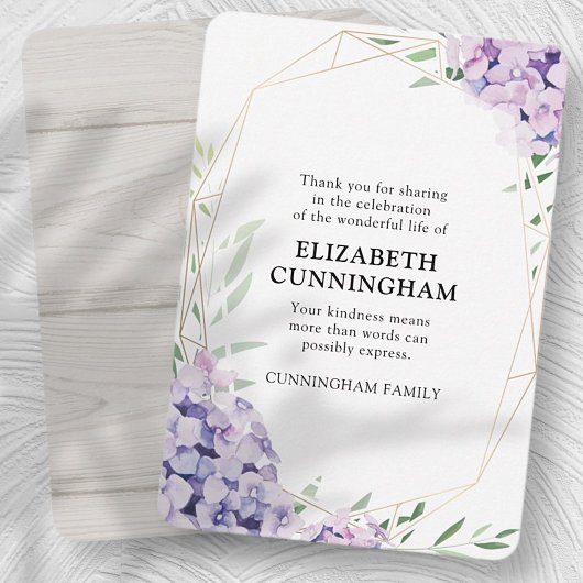 Hydrangea Lilac Floral Geometric Memorial Bedankkaart