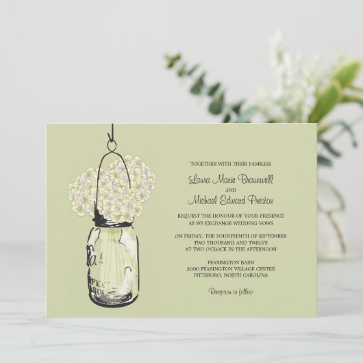 Hydrangea & Mason Jar bruiloft uitnodigingen (Staand voorkant)