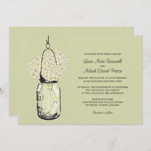 Hydrangea & Mason Jar bruiloft uitnodigingen (Voorkant / Achterkant)