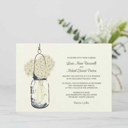 Hydrangea & Mason Jar bruiloft uitnodigingen (Staand voorkant)