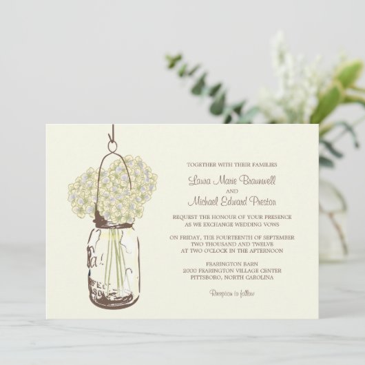 Hydrangea & Mason Jar bruiloft uitnodigingen (Staand voorkant)