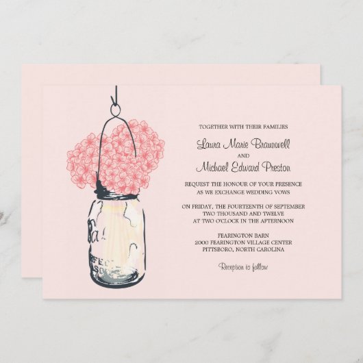 Hydrangea & Mason Jar bruiloft uitnodigingen (Voorkant / Achterkant)