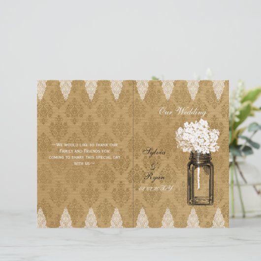 Hydrangea mason jar burlap vouwde Wedding programm (Staand voorkant)
