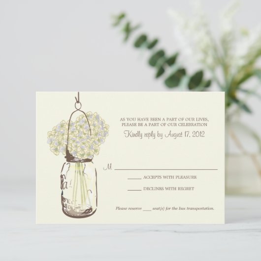 Hydrangea & Mason Jar Huwelijksreactie RSVP Kaartje (Staand voorkant)