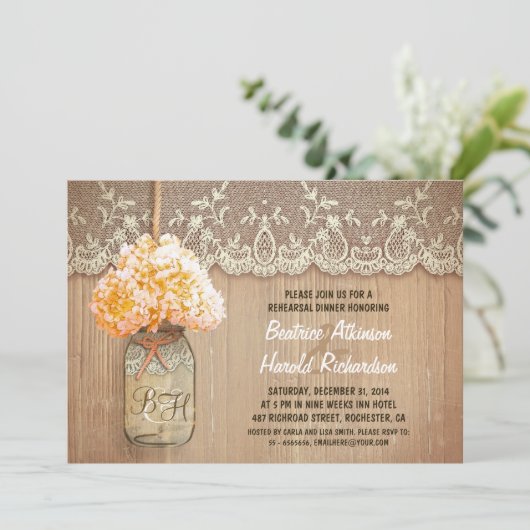 Hydrangea Mason Jar rustieke repetitie diner Kaart (Staand voorkant)