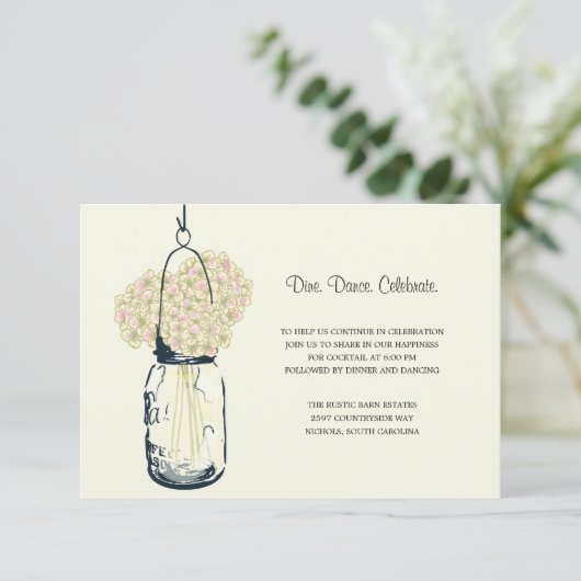 Hydrangea & Mason Jar Wedding Reception Informatiekaartje (Staand voorkant)