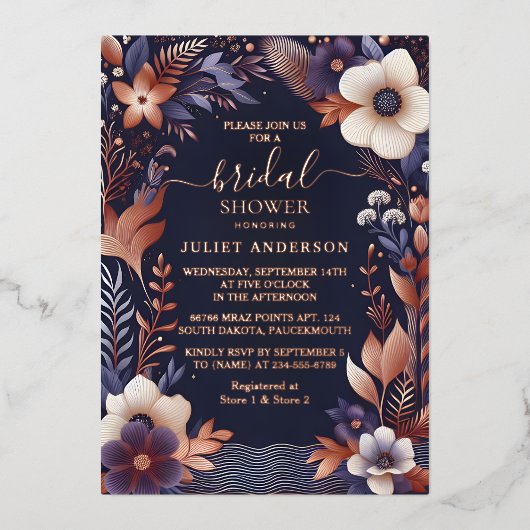 Hydrangea Metallic Pure Navy Blue Vrijgezellenfees Folie Uitnodiging (Voorkant)