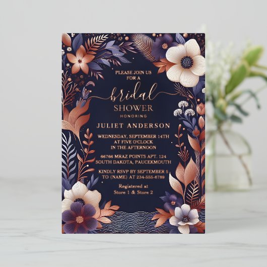 Hydrangea Metallic Pure Navy Blue Vrijgezellenfees Folie Uitnodiging (Staand Voorkant)