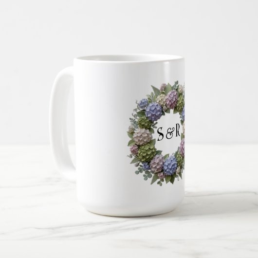 Hydrangea Monogram Bruiloft Koffiemok (Voorkant links)