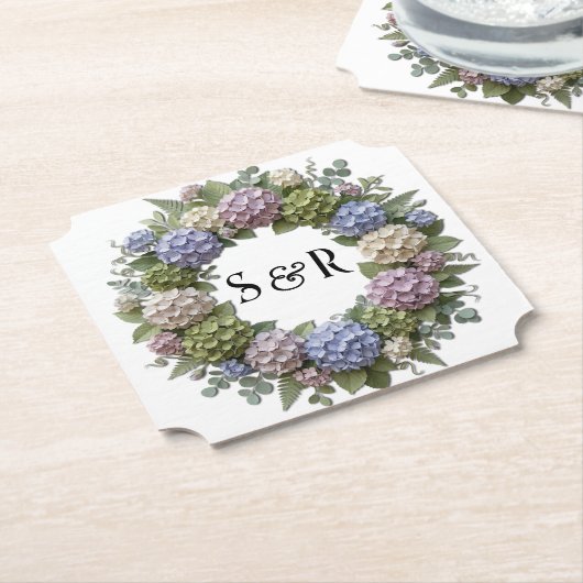 Hydrangea Monogram Krans Bruiloft Kartonnen Onderzetters (Gekanteld)