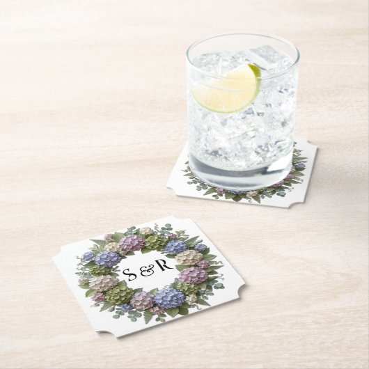 Hydrangea Monogram Krans Bruiloft Kartonnen Onderzetters (Insitu)