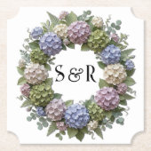 Hydrangea Monogram Krans Bruiloft Kartonnen Onderzetters (Voorkant)