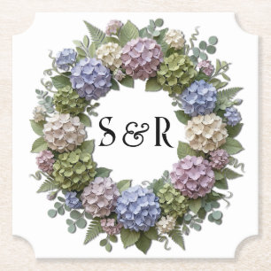 Hydrangea Monogram Krans Bruiloft Kartonnen Onderzetters