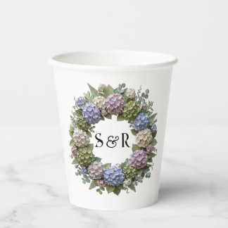 Hydrangea Monogram Krans Bruiloft Papieren Bekers