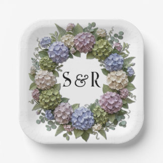 Hydrangea Monogram Krans Bruiloft Papieren Bordje