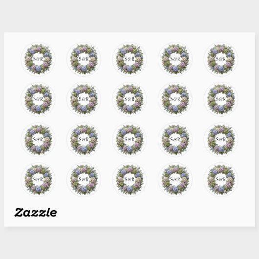 Hydrangea Monogram Krans Bruiloft Ronde Sticker (Vel)