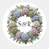 Hydrangea Monogram Krans Bruiloft Ronde Sticker (Voorkant)