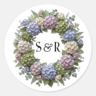 Hydrangea Monogram Krans Bruiloft Ronde Sticker